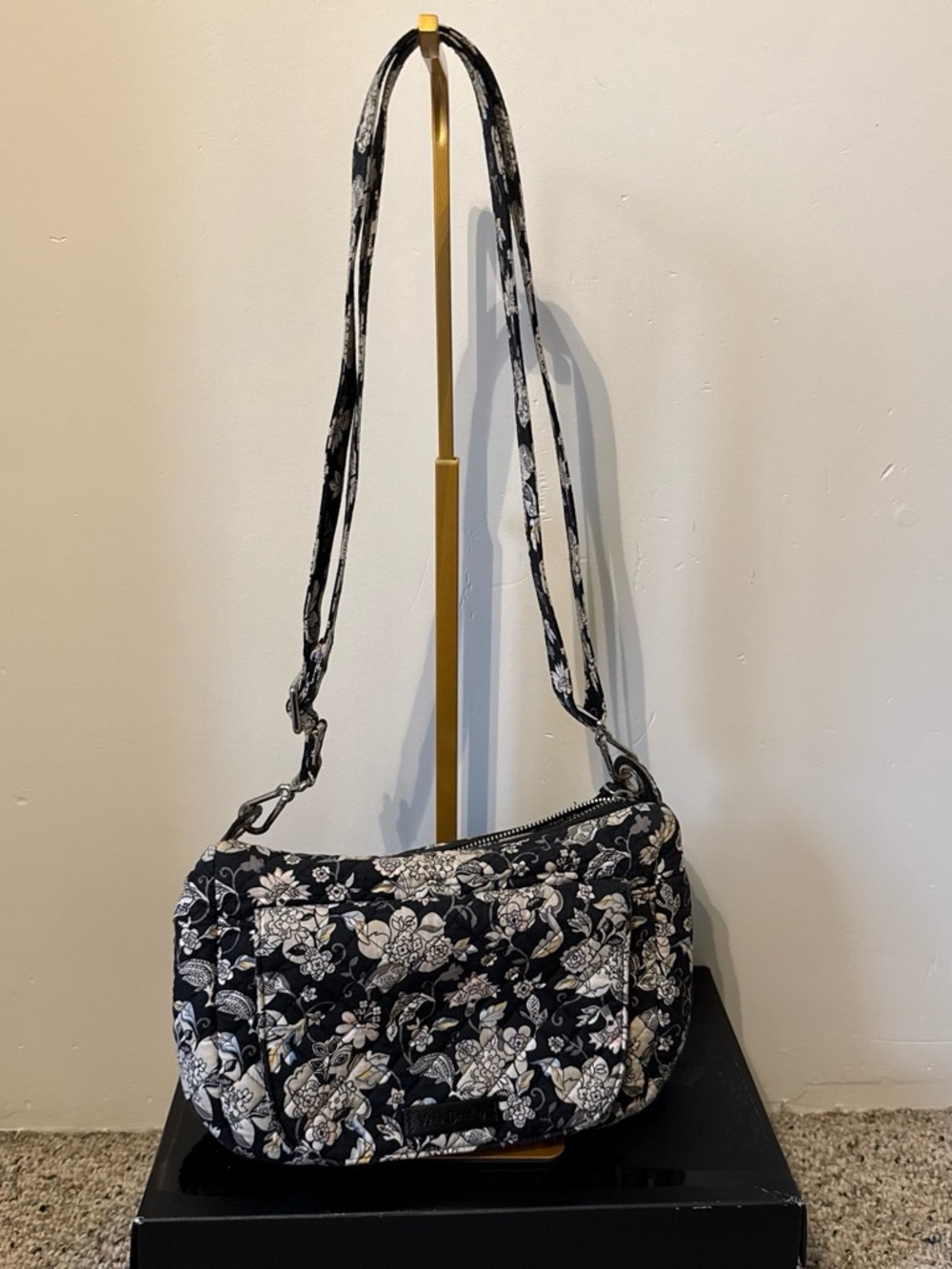 Black and White Floral Quilted Crossbody Bag